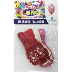 BALOONS 8PCS 32CM WITH HEARTS IN A POLLY BAG