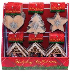 CHRISTMAS ORNAMENT 9,5CM WOODEN 3 DESIGNS WITH GLITTER